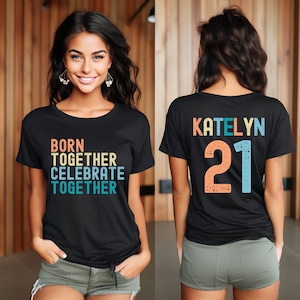 Twin 21e verjaardag shirt voor volwassenen, tweeling bijpassende shirt, tweelingzus broer shirts, volwassen tweelingverjaardag, gepersonaliseerd met naam en leeftijd