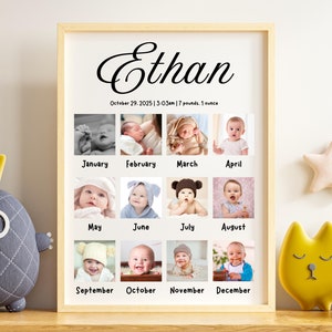 Plaque d'anniversaire de bébé, première année à imprimer, modèle de carte d'anniversaire, collage de photos, affiche d'étape, 1er anniversaire, photo de 12 mois