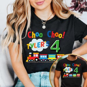 Camisetas familiares a juego para cumpleaños de tren, 4.º cumpleaños, camisetas &quot;Choo Choo&quot;, camiseta de 4.º cumpleaños para niño, personalizadas con el nombre del niño.
