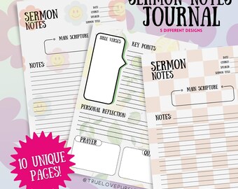 Printable Sermon Notes Journal | 10 Page Church Notes PDF | Christian Bible Study Template | Faith Planner printable for women