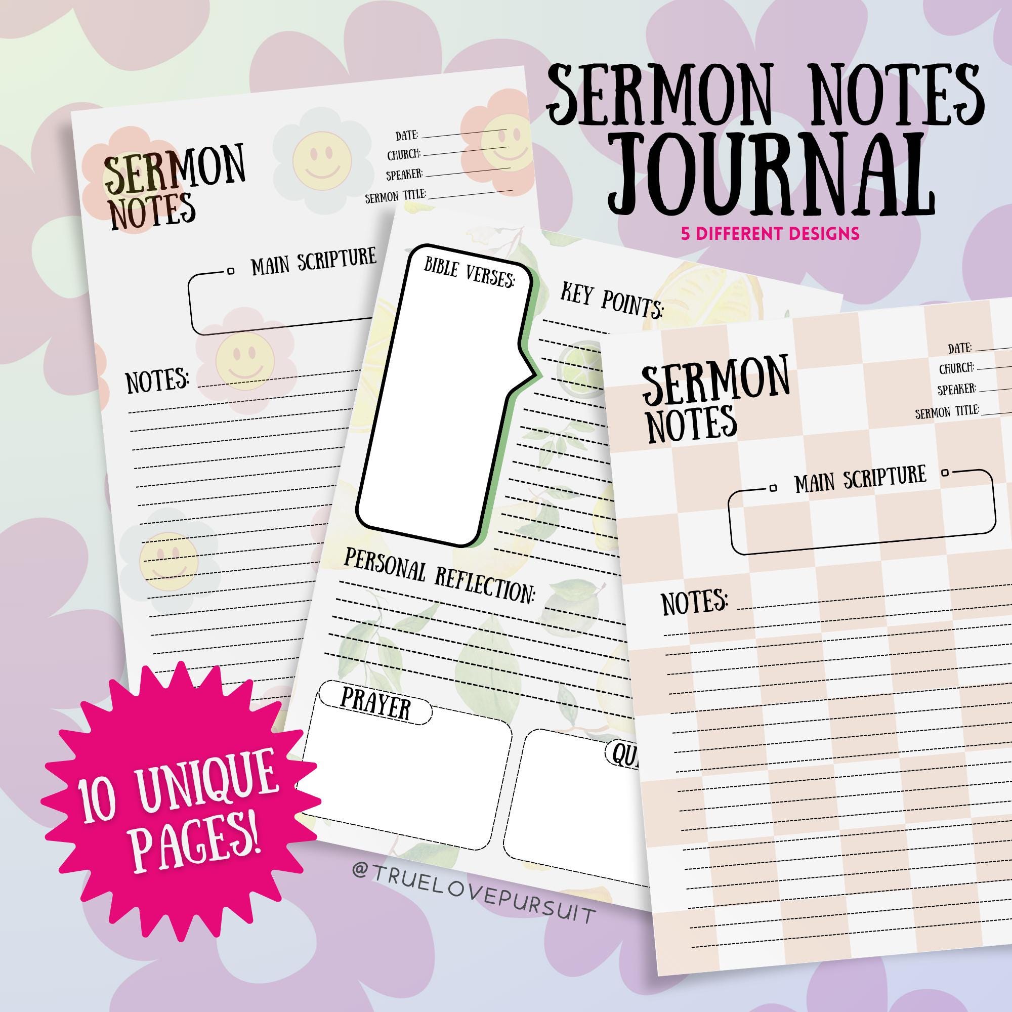 Printable Sermon Notes Journal | 10 Page Church Notes PDF | Christian ...
