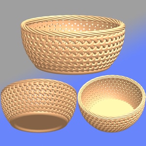 May include: Three woven baskets made of natural materials. The baskets are round and have a light brown color. The baskets are shown from different angles.