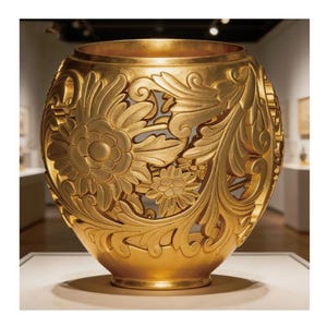 May include: A gold-colored, round vase with intricate floral and leaf carvings. The vase has a wide opening and a rounded base. The detailed carvings create a sense of depth and texture, showcasing a classic design.
