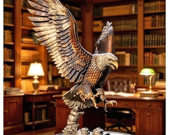 May include: A detailed sculpture of an eagle in flight, with outstretched wings. The eagle is primarily brown and white, with a detailed feather pattern. The sculpture is mounted on a circular base. The background features a library with bookshelves and a desk.
