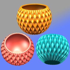 May include: Three decorative bowls with a unique textured design. The bowls are orange, red, and blue.