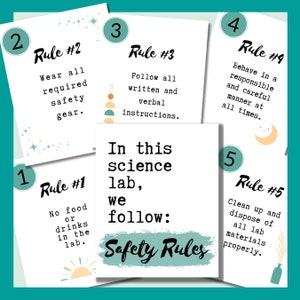 May include: Five colorful cards with rounded corners and white backgrounds. Each card has a number and the text "Rule #" followed by the number. The cards list safety rules for a science lab. The text on the cards reads: "Rule #1 No food or drinks in the lab." "Rule #2 Wear all required safety gear." "Rule #3 Follow all written and verbal instructions." "Rule #4 Behave in a responsible and careful manner at all times." "Rule #5 Clean up and dispose of all lab materials properly."