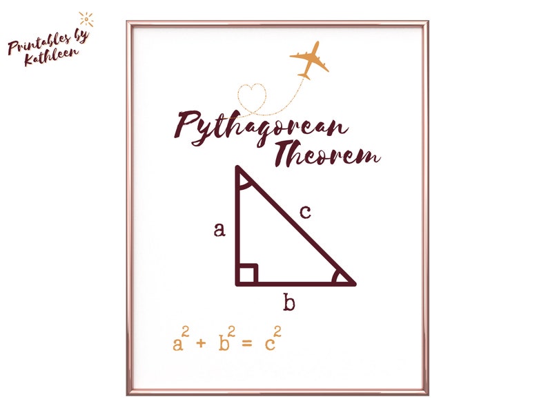 Peut inclure: Impression encadr&eacute;e pr&eacute;sentant le th&eacute;or&egrave;me de Pythagore. Le texte "Pythagorean Theorem" est &eacute;crit au-dessus d'un triangle rectangle avec les lettres a, b et c. La formule a&sup2; + b&sup2; = c&sup2; est affich&eacute;e en dessous. Un avion dor&eacute; est au-dessus.