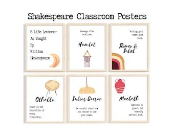 Peut inclure: Ensemble de six affiches de classe imprimables présentant des citations de pièces de Shakespeare. Chaque affiche a un schéma de couleurs différent et un élément graphique unique. Les affiches comprennent des citations de Hamlet, Roméo et Juliette, Othello, Jules César et Macbeth.