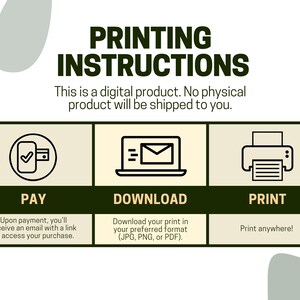 May include: A graphic illustration showing the steps to purchase and print a digital product. The steps are: Pay, Download, and Print. The illustration includes icons for each step: a smartphone, a computer, and a printer.