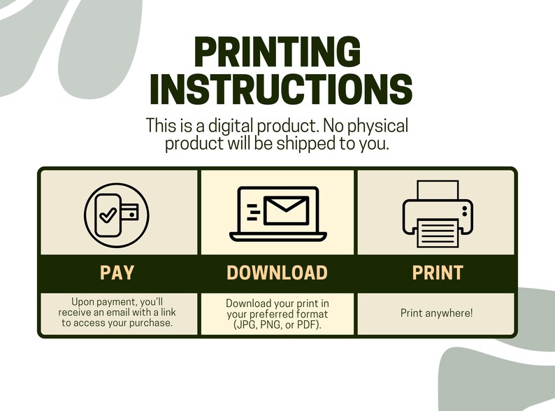 May include: A graphic illustration showing the steps to purchase and print a digital product. The steps are: Pay, Download, and Print. The illustration includes icons for each step: a smartphone, a computer, and a printer.