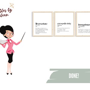 K&ouml;nnte beinhalten: Drei druckbare Wandbilder mit wei&szlig;em Hintergrund und schwarzem Text. Der Text ist die Definition der W&ouml;rter "Literatur", "Kreativit&auml;t" und "Imagination".