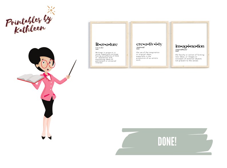 K&ouml;nnte beinhalten: Drei druckbare Wandbilder mit wei&szlig;em Hintergrund und schwarzem Text. Der Text ist die Definition der W&ouml;rter "Literatur", "Kreativit&auml;t" und "Imagination".