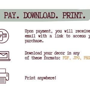 Peut inclure: Image avec texte : PAYER. T&Eacute;L&Eacute;CHARGER. IMPRIMER. Instructions pour les t&eacute;l&eacute;chargements num&eacute;riques, y compris le paiement, l'acc&egrave;s par e-mail et les formats de fichiers : PDF, JPG, PNG. Imprimez n'importe o&ugrave; !