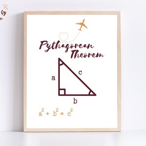 Peut inclure: Une affiche encadr&eacute;e pr&eacute;sentant le th&eacute;or&egrave;me de Pythagore. Le texte "Pythagorean Theorem" est &eacute;crit en cursive au-dessus d'un sch&eacute;ma de triangle rectangle avec les c&ocirc;t&eacute;s a, b et c. L'&eacute;quation a&sup2; + b&sup2; = c&sup2; est affich&eacute;e en dessous. Un avion est au-dessus du texte.