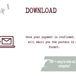 K&ouml;nnte beinhalten: Eine grafische Darstellung eines Laptops mit einem E-Mail-Symbol auf dem Bildschirm. Der Text "Schritt 1 HERUNTERLADEN" befindet sich &uuml;ber dem Laptop. Der Text "Sobald Ihre Zahlung best&auml;tigt wurde, sendet Etsy Ihnen die Poster im PDF-Format zu." befindet sich unter dem Laptop. Der Text "PDF = einfach auf jedem Computer anzusehen!" befindet sich am unteren Rand des Bildes.