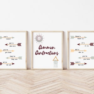 ESL Classroom - Contractions; Writing Poster Set for a Middle School English Classroom; Boho Classroom Decor; Grammar Poster Set (3);