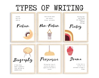 English Classroom Posters; Types of Writing; ELA Classroom; Writing Teacher Posters; Boho Rainbow Classroom Decor; Educational Posters