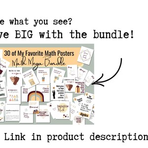 Peut inclure: Une image pr&eacute;sentant un ensemble de 30 affiches de math&eacute;matiques, intitul&eacute; "Math Mega Bundle", avec des graphiques &eacute;ducatifs et du texte. Le texte inclut "Like what you see? Save BIG with the bundle!" et "Link in product description."
