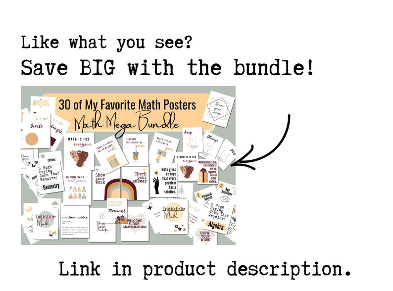 Peut inclure: Une image pr&eacute;sentant un ensemble de 30 affiches de math&eacute;matiques, intitul&eacute; "Math Mega Bundle", avec des graphiques &eacute;ducatifs et du texte. Le texte inclut "Like what you see? Save BIG with the bundle!" et "Link in product description."