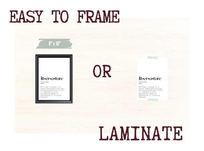 K&ouml;nnte beinhalten: Ein druckbarer Kunstdruck im Format 20,3 x 25,4 cm mit der Definition des Wortes "Literatur" in schwarzem Text auf wei&szlig;em Hintergrund. Der Druck kann gerahmt oder laminiert werden.