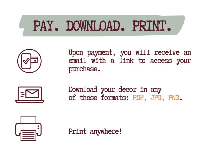 Może przedstawiać: Grafika z tekstem "PAY. DOWNLOAD. PRINT." w brązowym kolorze na jasnoszarym tle.  Wyświetlane są trzy ikony: telefon z zaznaczeniem i kartą kredytową, laptop z kopertą i drukarka z kartką papieru. Tekst pod ikonami brzmi: "Po dokonaniu płatności otrzymasz e-mail z linkiem do dostępu do zakupu. Pobierz sw&oacute;j dekor w jednym z tych format&oacute;w: PDF, JPG, PNG. Drukuj gdziekolwiek!"