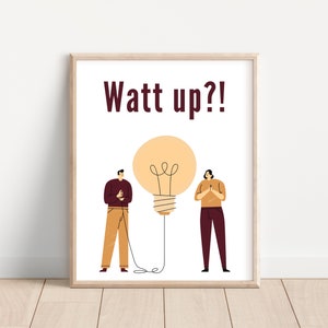 May include: A white framed poster with the text "Watt up?" in maroon. Two cartoon figures stand on either side of a large light bulb. The light bulb is yellow and has a black cord.