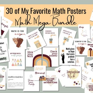 May include: A set of 30 colourful printable maths posters with motivational quotes and illustrations. The posters feature a variety of themes, including geometry, algebra, and invisible maths. The posters are designed to inspire students and help them learn and grow in their maths skills.