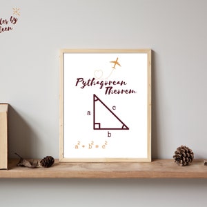 Peut inclure: Une affiche encadr&eacute;e pr&eacute;sentant le th&eacute;or&egrave;me de Pythagore. L'illustration montre un triangle rectangle avec les c&ocirc;t&eacute;s a, b et c, et la formule a&sup2; + b&sup2; = c&sup2;. Le titre "Pythagorean Theorem" est &eacute;crit dans une police d&eacute;corative, avec un avion.