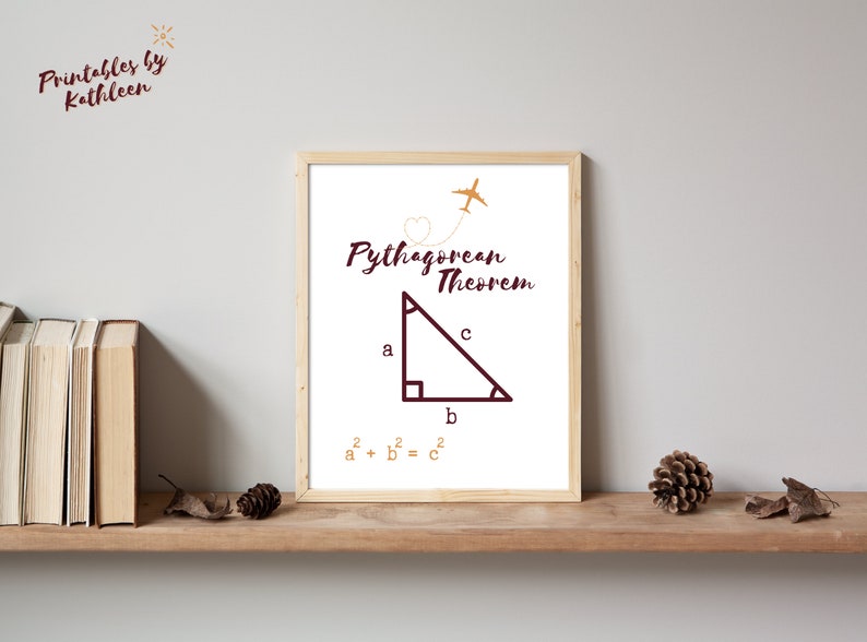 Peut inclure: Une affiche encadr&eacute;e pr&eacute;sentant le th&eacute;or&egrave;me de Pythagore. L'illustration montre un triangle rectangle avec les c&ocirc;t&eacute;s a, b et c, et la formule a&sup2; + b&sup2; = c&sup2;. Le titre "Pythagorean Theorem" est &eacute;crit dans une police d&eacute;corative, avec un avion.