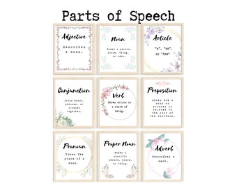 Pósteres para el aula de inglés de secundaria; Partes del discurso: términos y definiciones; Juego de pósteres de gramática; Decoración de aula de estilo granja para profesores de inglés.