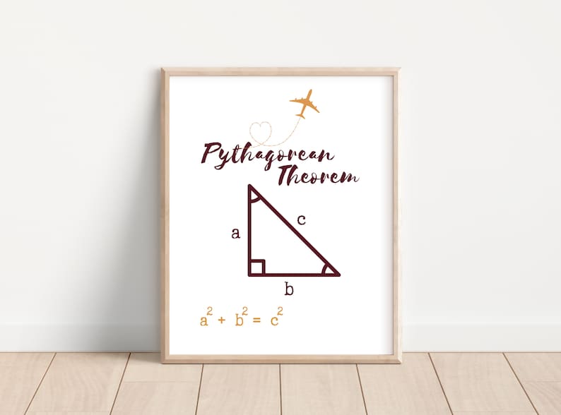 Peut inclure: Une affiche encadr&eacute;e repr&eacute;sentant le th&eacute;or&egrave;me de Pythagore. L'&oelig;uvre d'art comprend un triangle rectangle avec des lettres et la formule a&sup2; + b&sup2; = c&sup2;. Un avion dor&eacute; et les mots "Pythagorean Theorem" sont &eacute;galement inclus.
