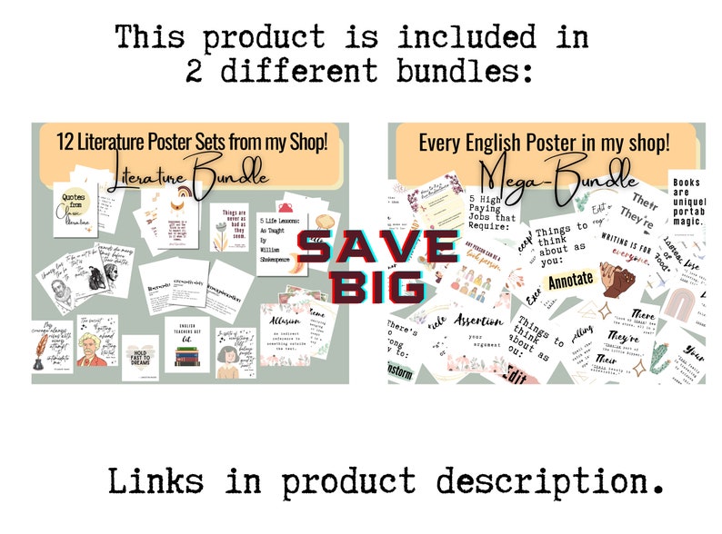 K&ouml;nnte beinhalten: Zwei farbenfrohe digitale Produktpakete zum Verkauf. Das erste Paket hei&szlig;t "Literature Bundle" und enth&auml;lt 12 Plakatsets. Das zweite Paket hei&szlig;t "Mega Bundle" und enth&auml;lt alle englischen Poster im Shop. Der Text "SAVE BIG" steht in gro&szlig;en roten Buchstaben.