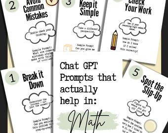 Puede incluir: Una colección de seis tarjetas informativas blancas con texto negro y detalles circulares en verde salvia. La tarjeta central dice Chat GPT Prompts that actually help in: Math. Las tarjetas circundantes enumeran los pasos del 1 al 5 para matemáticas.