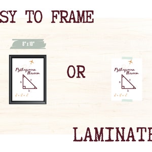 Peut inclure: Une affiche du th&eacute;or&egrave;me de Pythagore, disponible encadr&eacute;e ou lamin&eacute;e. La version encadr&eacute;e est dans un cadre noir, et l'affiche mesure 20,3 cm x 25,4 cm. Les textes "EASY TO FRAME" et "LAMINATE" sont &eacute;galement affich&eacute;s.