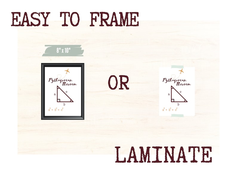 Peut inclure: Une affiche du th&eacute;or&egrave;me de Pythagore, disponible encadr&eacute;e ou lamin&eacute;e. La version encadr&eacute;e est dans un cadre noir, et l'affiche mesure 20,3 cm x 25,4 cm. Les textes "EASY TO FRAME" et "LAMINATE" sont &eacute;galement affich&eacute;s.