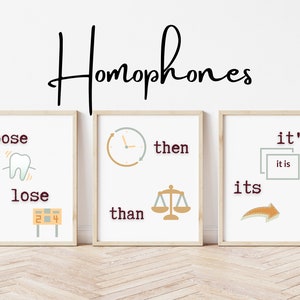 Homophones; Grammar Posters; English Classroom Decor; Writing Posters for Language Arts Teachers; Middle / High School ELA Classroom Posters