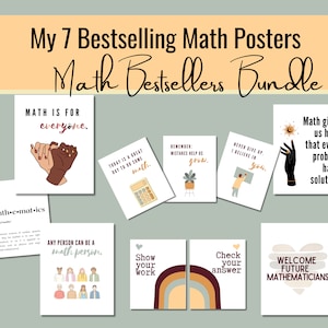 May include: A set of seven printable maths posters with colourful illustrations and motivational quotes. The posters include phrases like "Maths is for everyone", "Today is a great day to do some maths", "Remember, mistakes help us grow", "Never give up, I believe in you", "Maths gives us hope that every problem has a solution", "Any person can be a maths person", "Show your work", "Check your answer", and "Welcome future mathematicians".