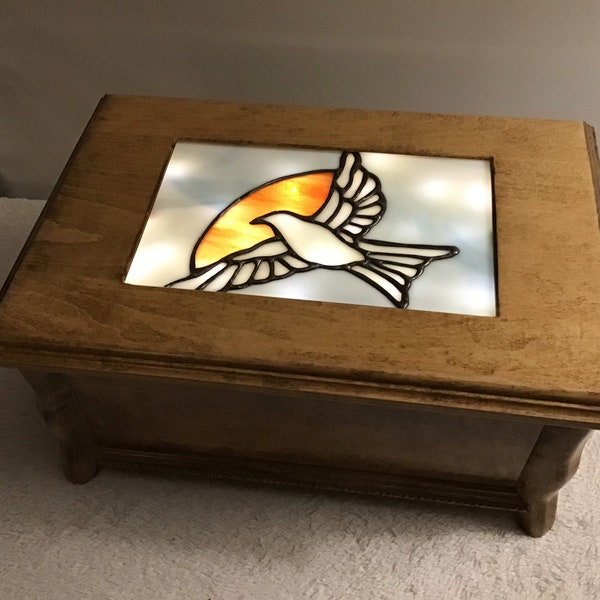 Maple wood and dove stained glass urn