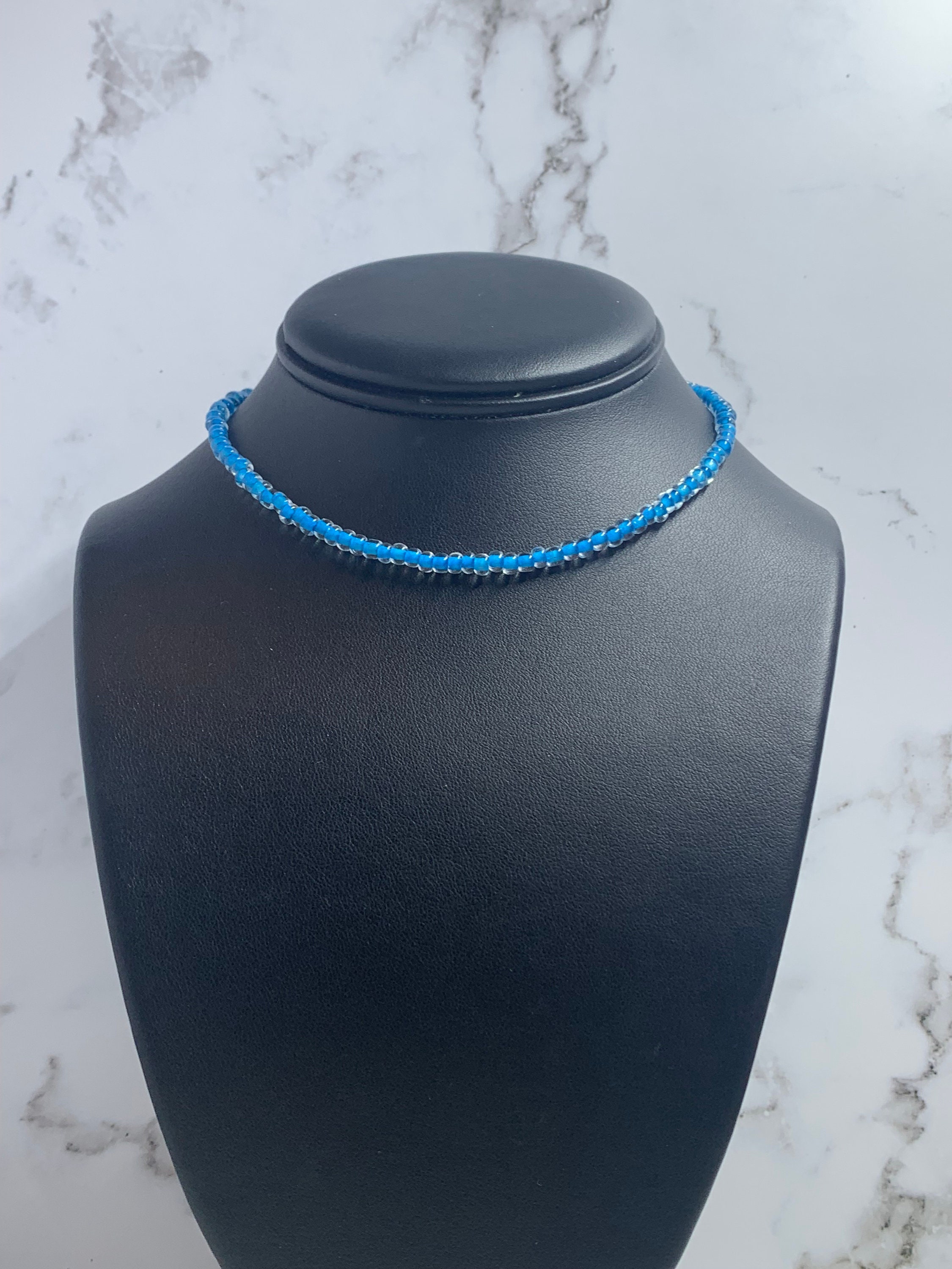 Blue Seed Bead Necklace Etsy