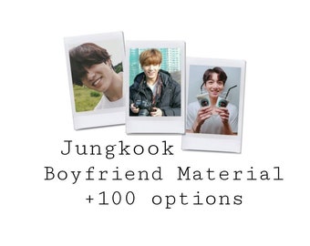 May include: Three Polaroid photos of a young man with brown hair. The first photo shows him smiling and looking at the camera. The second photo shows him holding a camera and looking at the camera. The third photo shows him holding two cups of iced coffee and smiling at the camera. The text below the photos reads "Jungkook Boyfriend Material +100 options".