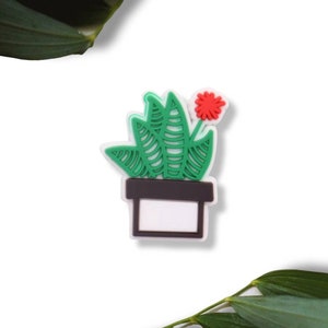 May include: A green and white cactus-shaped charm with a red flower, set in a dark brown pot with a white rectangle. The charm is likely made of rubber or a similar material. The design is a cartoon-style illustration.