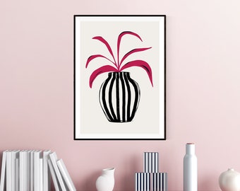 Pink Plant Striped Pot (Giclée Fine Art Print) Modern, Colourful, Wall Art by Tracie Andrews (Unframed)