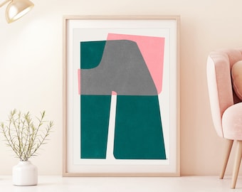 Mid Century Modern Teal and Pink Abstract Art Print, Minimalist Wall Art, Contemporary Home Office Decor 'Spaces 4' - A5-A1