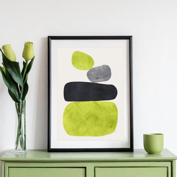 Impression d'art mural abstrait moderne Mid-Century, art minimaliste vert citron et gris, décoration de bureau à domicile contemporaine « Balance 4 », A5-A1