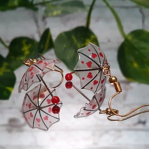 Umbrella Earrings, Valentines Earrings, Red Heart Earrings, Umbrella Jewelry, Valentines Jewelry, Kawaii Earrings, Love Earrings, Kawaii Art