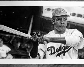 Dibujo original de Jackie Robinson de los Dodgers / Arte de béisbol de 30 x 43 cm / Boceto a carboncillo y grafito / Regalo para un fan de la leyenda de la MLB / Brooklyn Dodgers