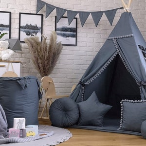 Wunderschönes Kinder Teepee Tipi Zelt Set für Kinder Indianerzelt Spielzelt drinnen und draußen Basic Anthrazit