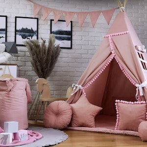 Wunderschönes Kinder Teepee Tipi Zelt Set für Kinder Indianerzelt Spielzelt drinnen und draußen Basic Old Rose