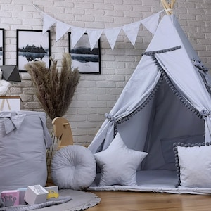 Wunderschönes Kinder Teepee Tipi Zelt Set für Kinder Indianerzelt Spielzelt drinnen und draußen Basic Hell Grau