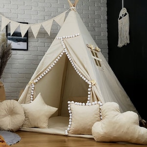 Wunderschönes Kinder Teepee Tipi Zelt Set für Kinder Indianerzelt Spielzelt drinnen und draußen Basic Beige Ecru